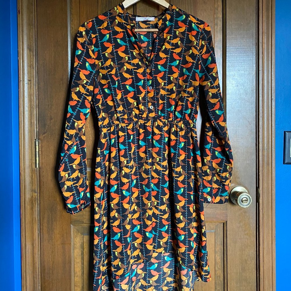 Autumn Bird-Patterned Shirt Dress